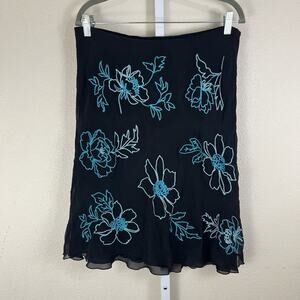 Vintage Y2K Silk Floral Embroidered Skirt L Large Knee Length Karen Kane